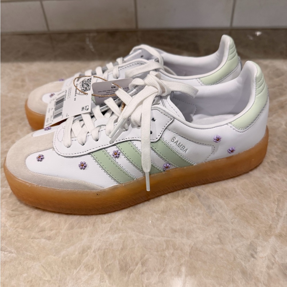 adidas Samba W White with Light Green & Gum Sole - Picture 2 of 5